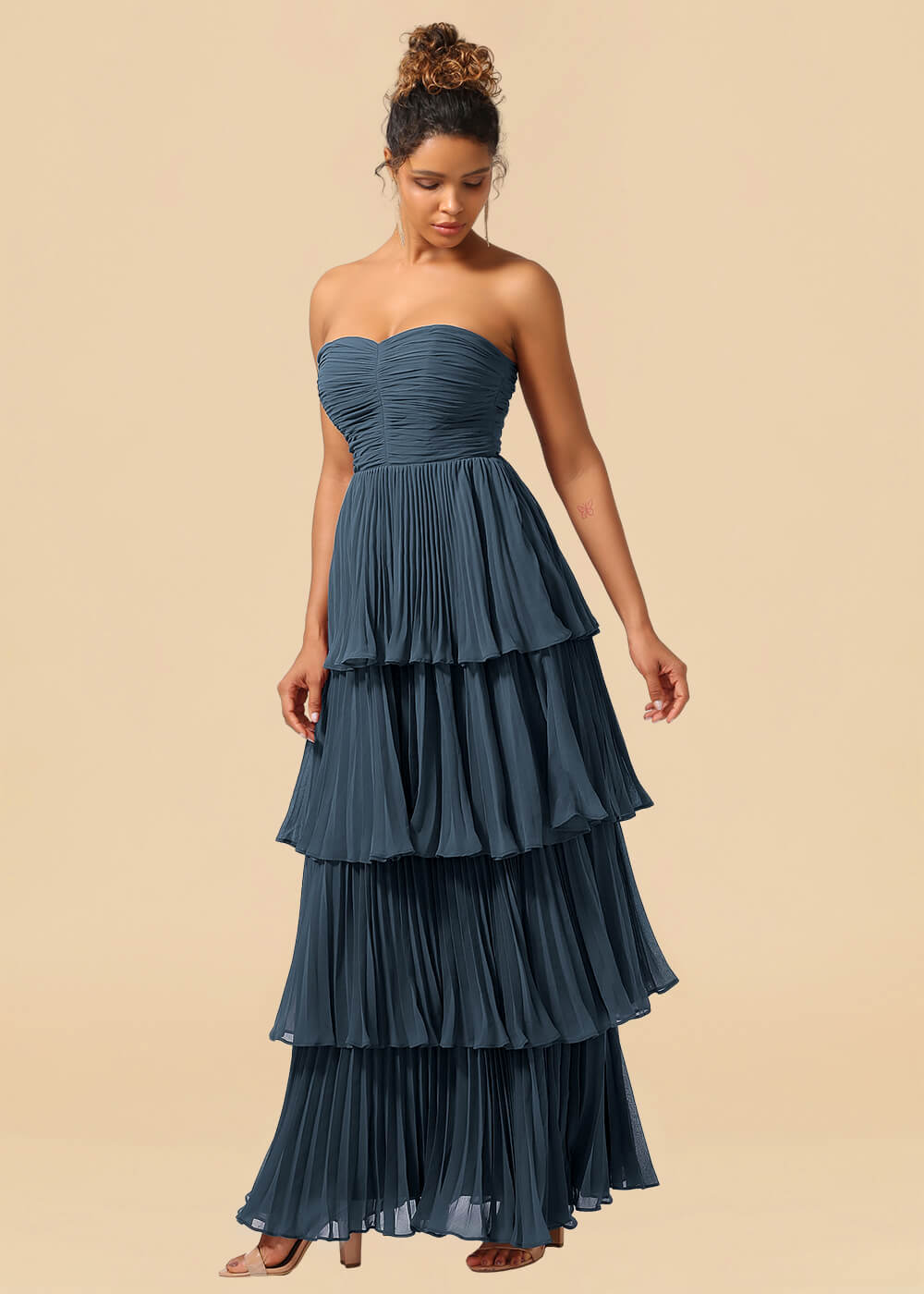 Strapless Tiered Chiffon Pleated A-line Floor Length Bridesmaid Dress