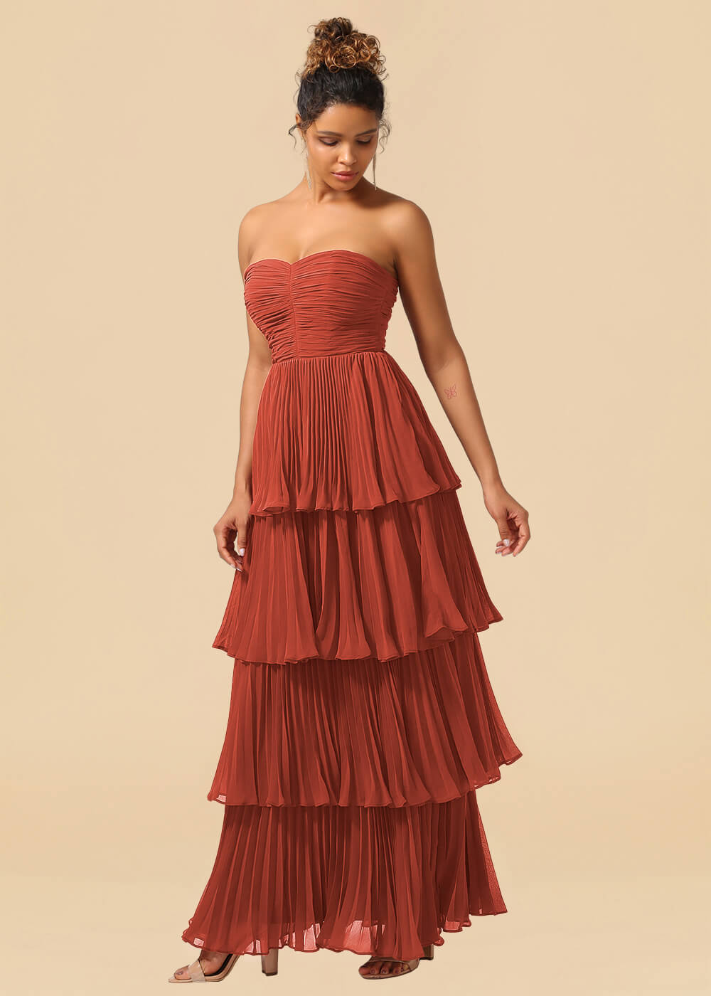 Strapless Tiered Chiffon Pleated A-line Floor Length Bridesmaid Dress