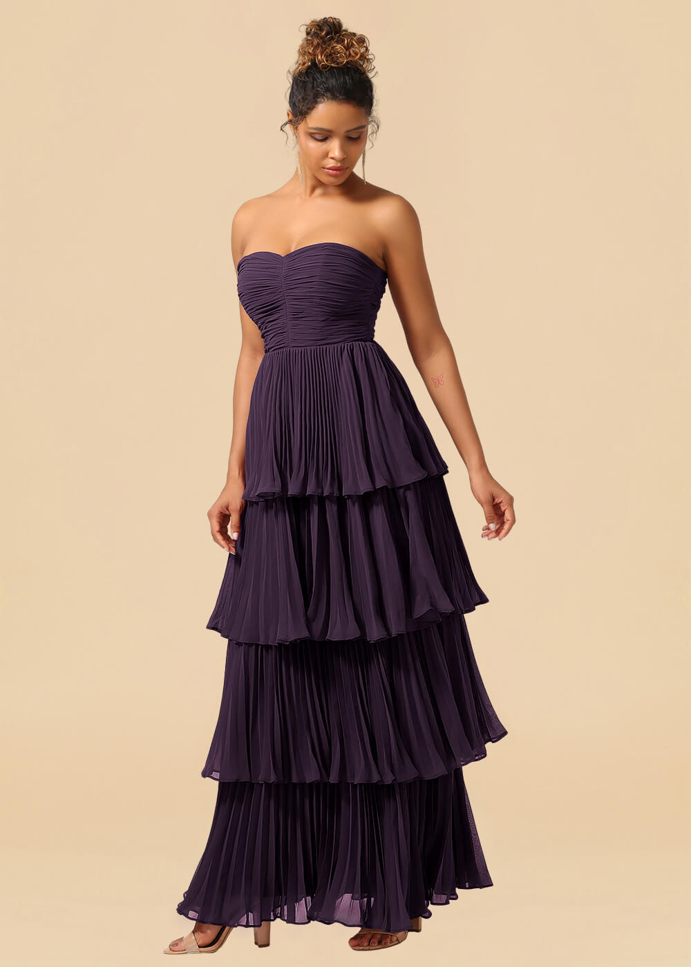 Strapless Tiered Chiffon Pleated A-line Floor Length Bridesmaid Dress