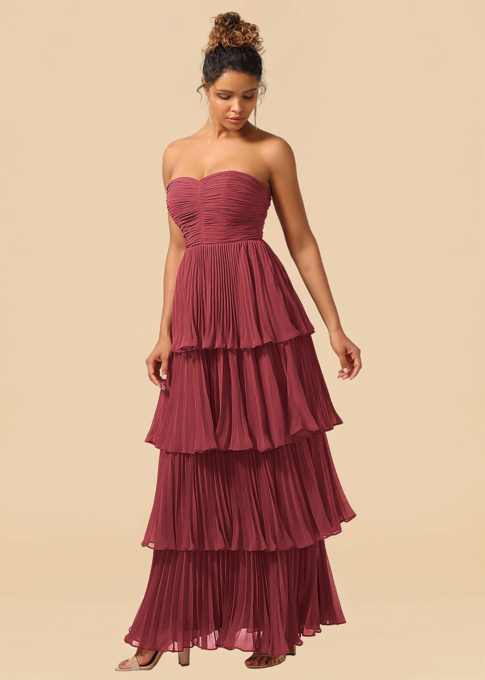 Strapless Tiered Chiffon Pleated A-line Floor Length Bridesmaid Dress