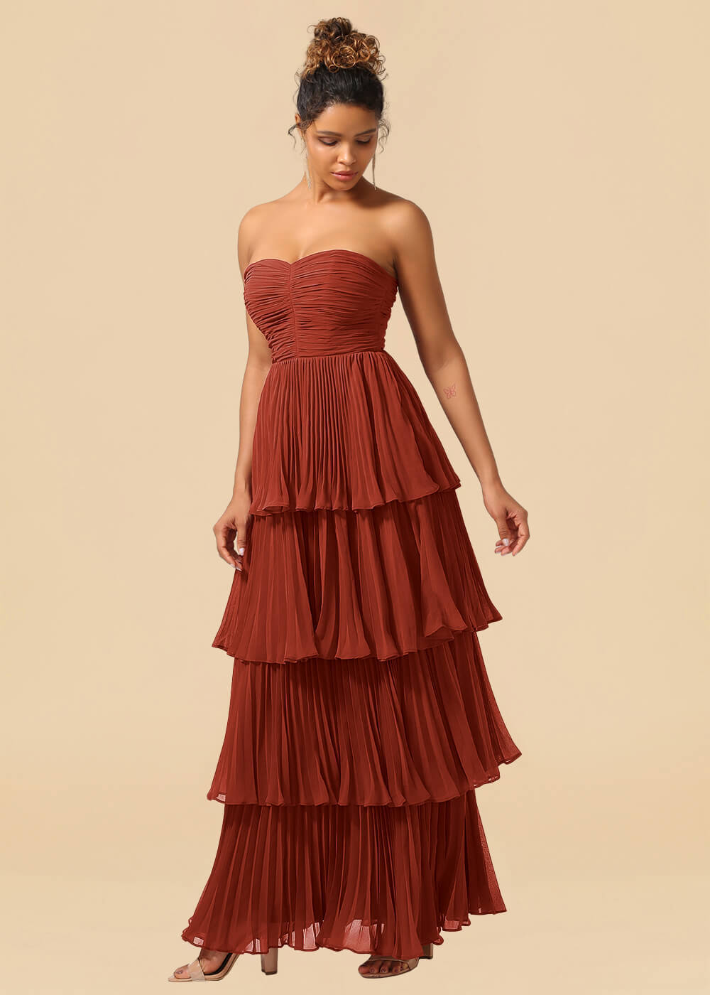 Strapless Tiered Chiffon Pleated A-line Floor Length Bridesmaid Dress