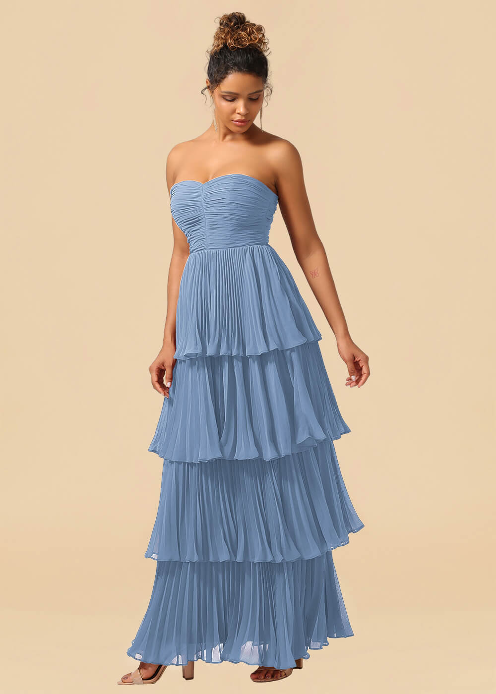 Strapless Tiered Chiffon Pleated A-line Floor Length Bridesmaid Dress