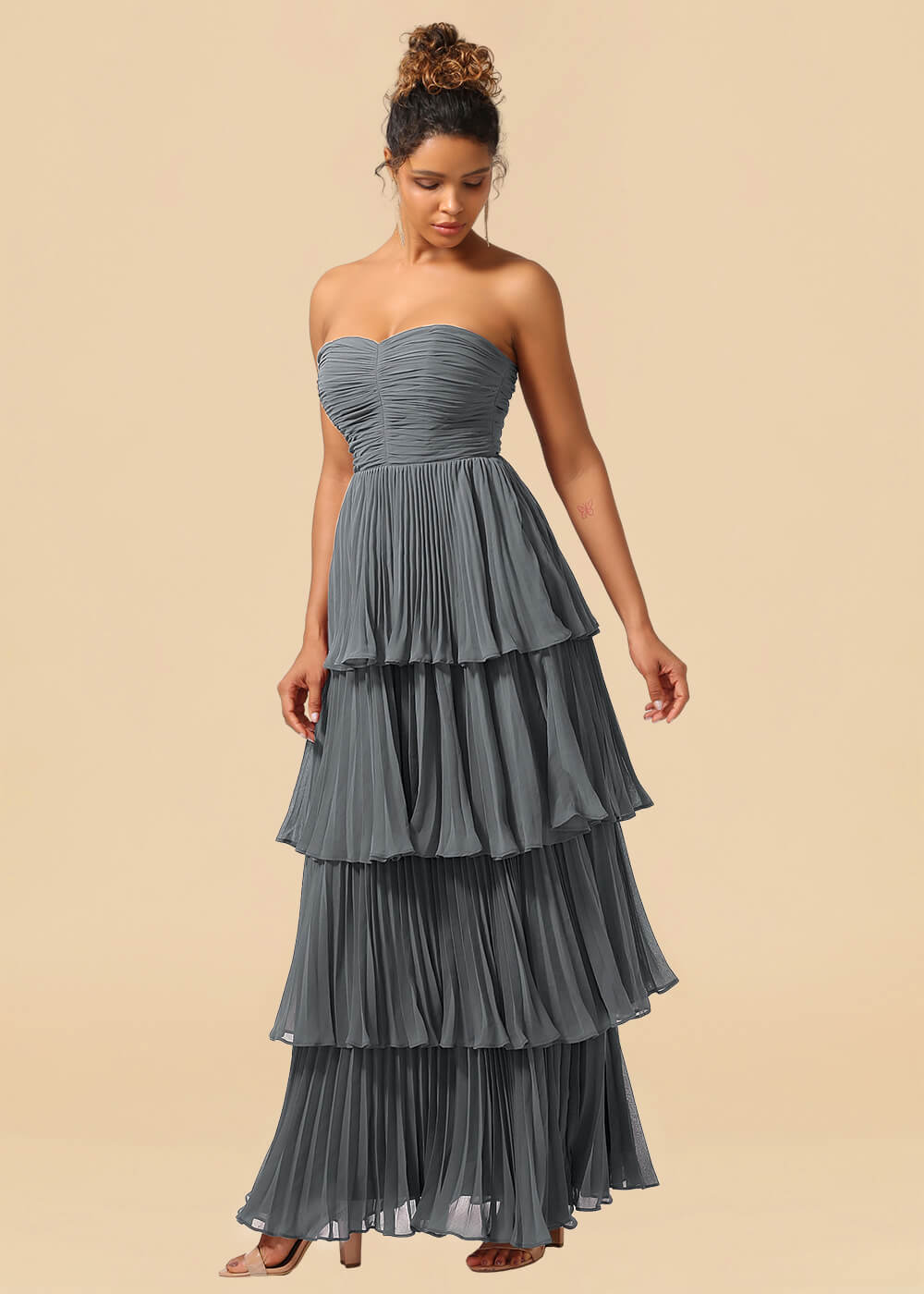 Strapless Tiered Chiffon Pleated A-line Floor Length Bridesmaid Dress