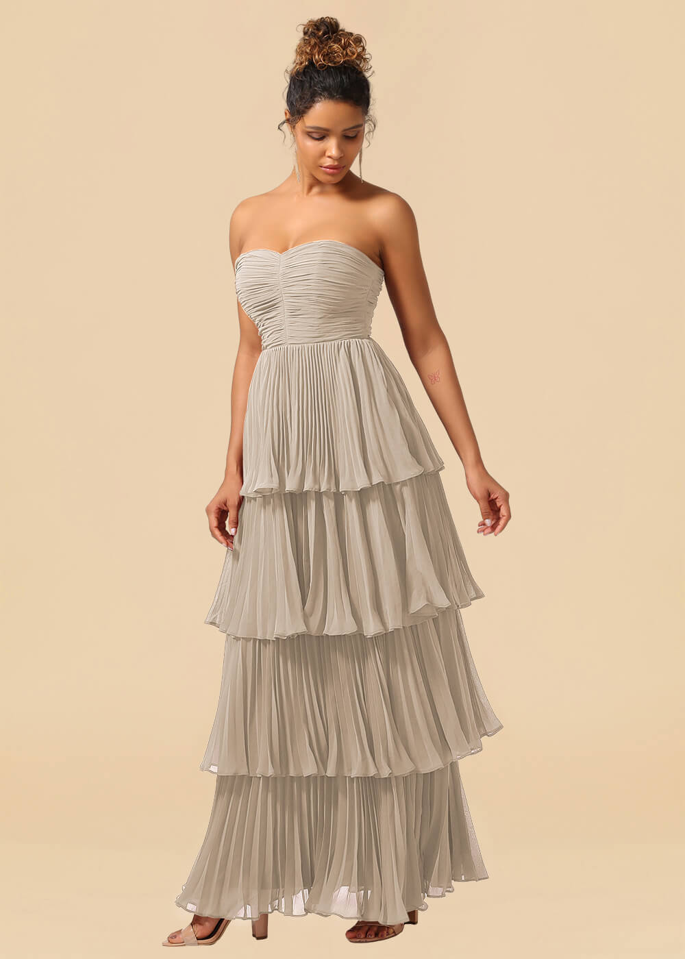 Strapless Tiered Chiffon Pleated A-line Floor Length Bridesmaid Dress