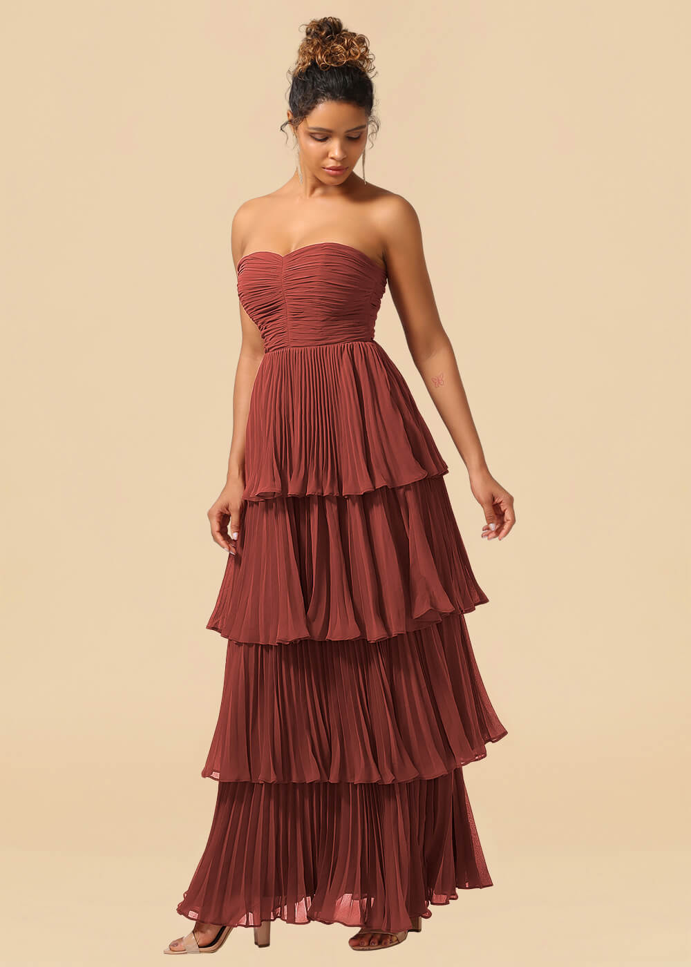Strapless Tiered Chiffon Pleated A-line Floor Length Bridesmaid Dress