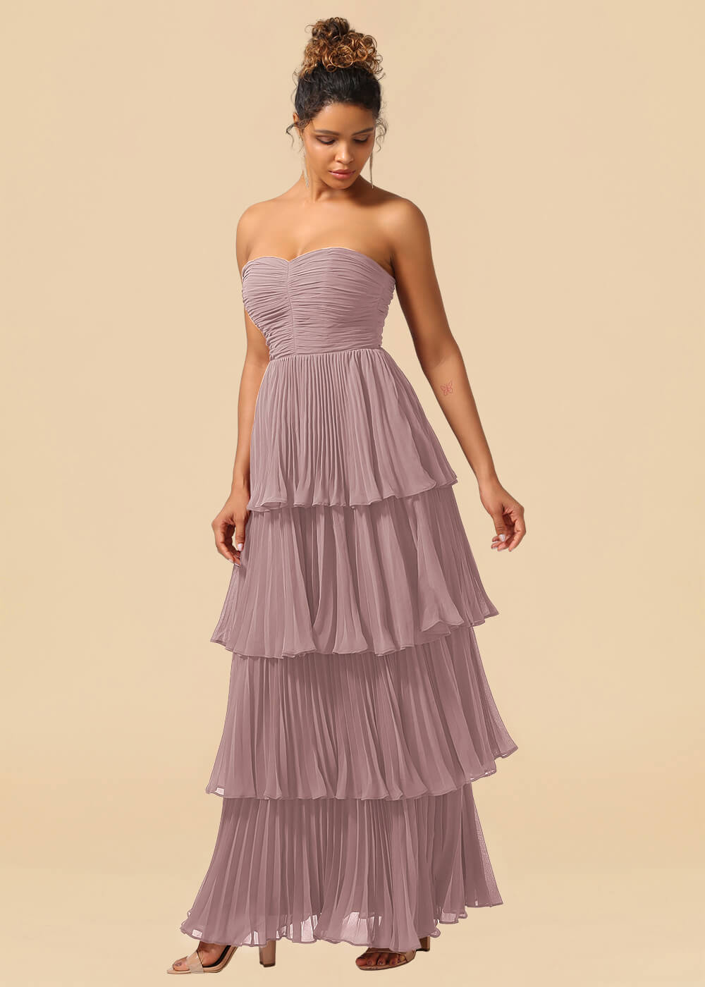 Strapless Tiered Chiffon Pleated A-line Floor Length Bridesmaid Dress