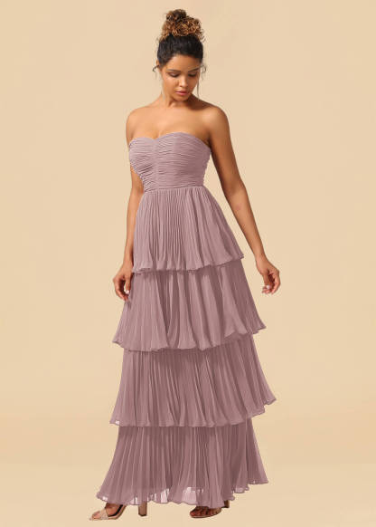 Strapless Tiered Chiffon Pleated A-line Floor Length Bridesmaid Dress