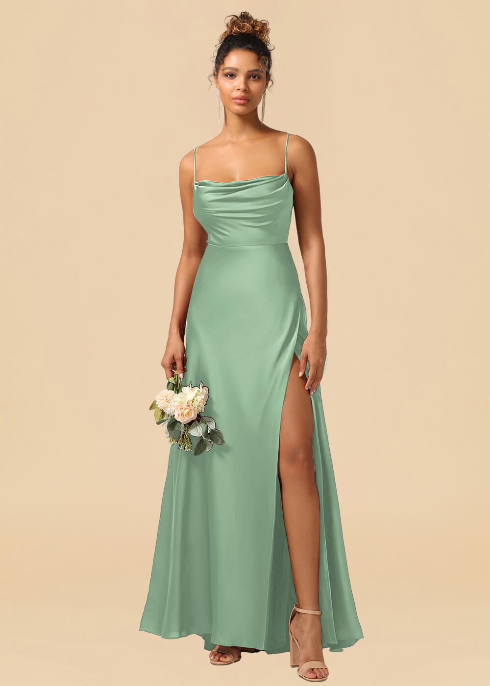 Satin Spaghetti Strap Open Back A-line Bridesmaid Dress with Slit