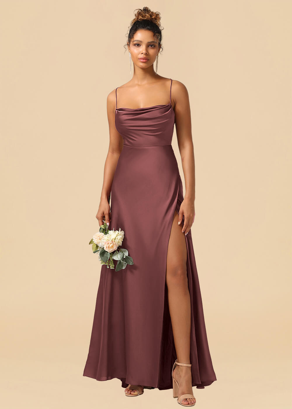 Satin Spaghetti Strap Open Back A-line Bridesmaid Dress with Slit