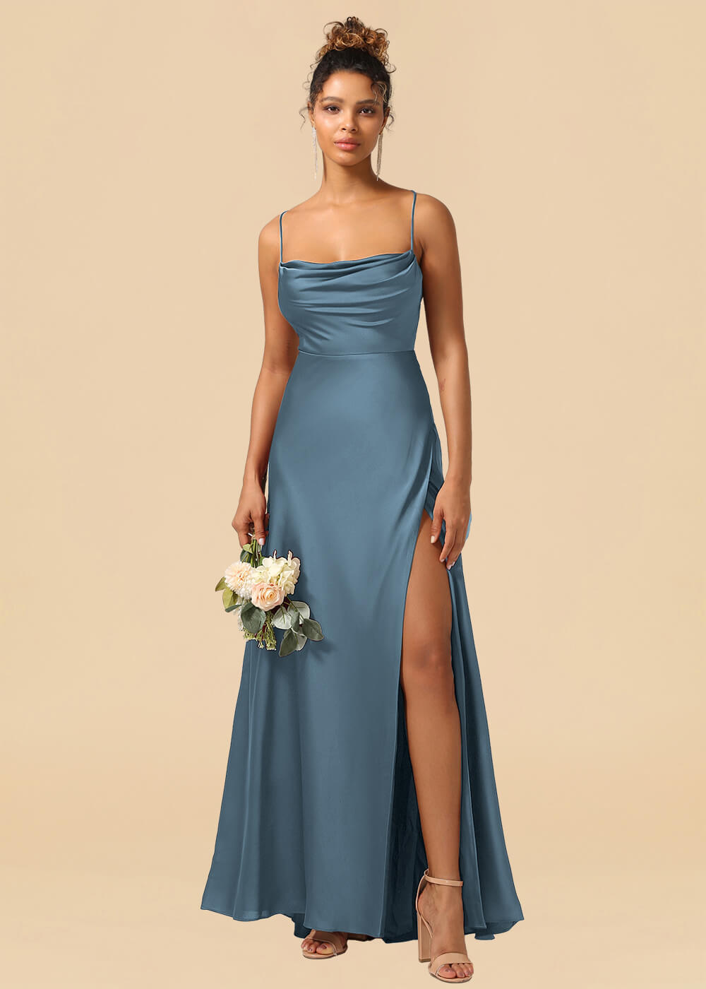 Satin Spaghetti Strap Open Back A-line Bridesmaid Dress with Slit