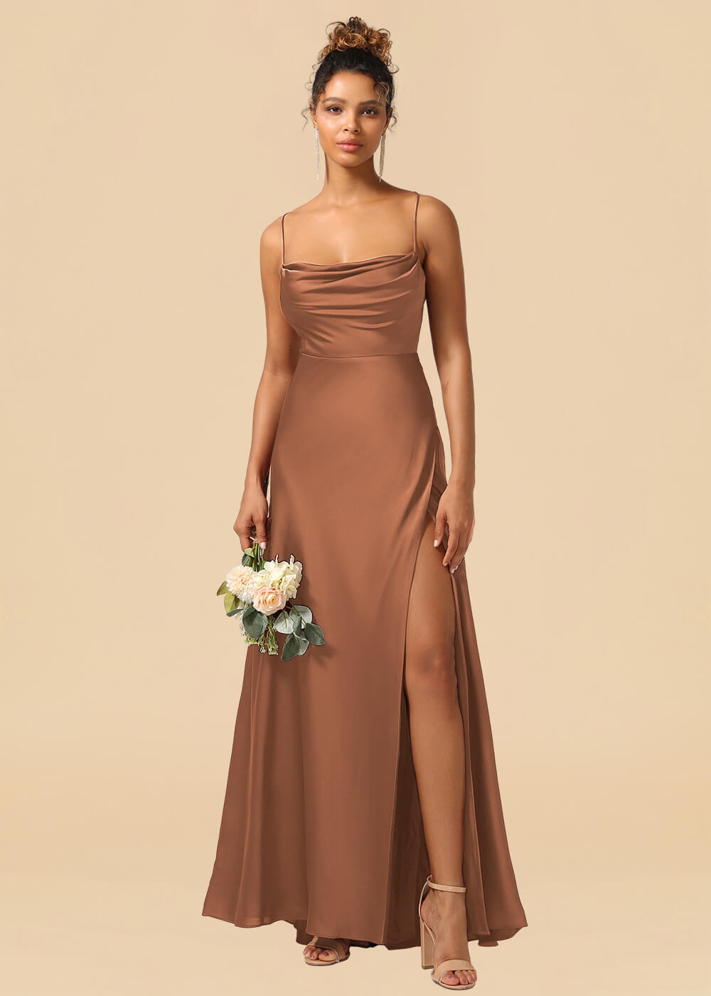Satin Spaghetti Strap Open Back A-line Bridesmaid Dress with Slit