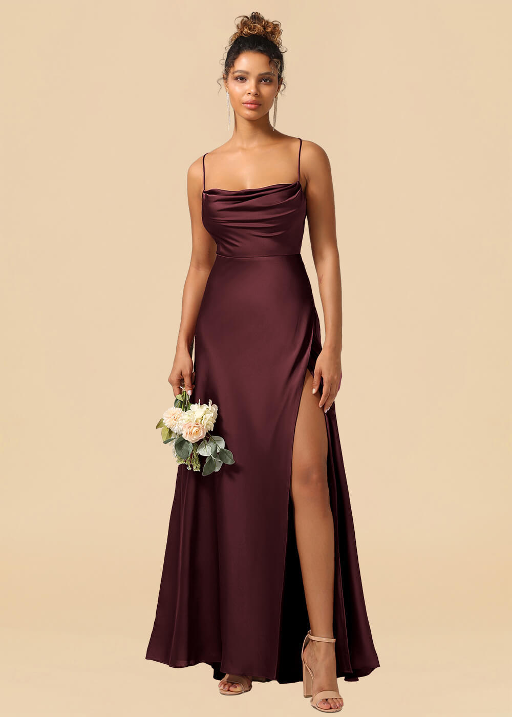 Satin Spaghetti Strap Open Back A-line Bridesmaid Dress with Slit