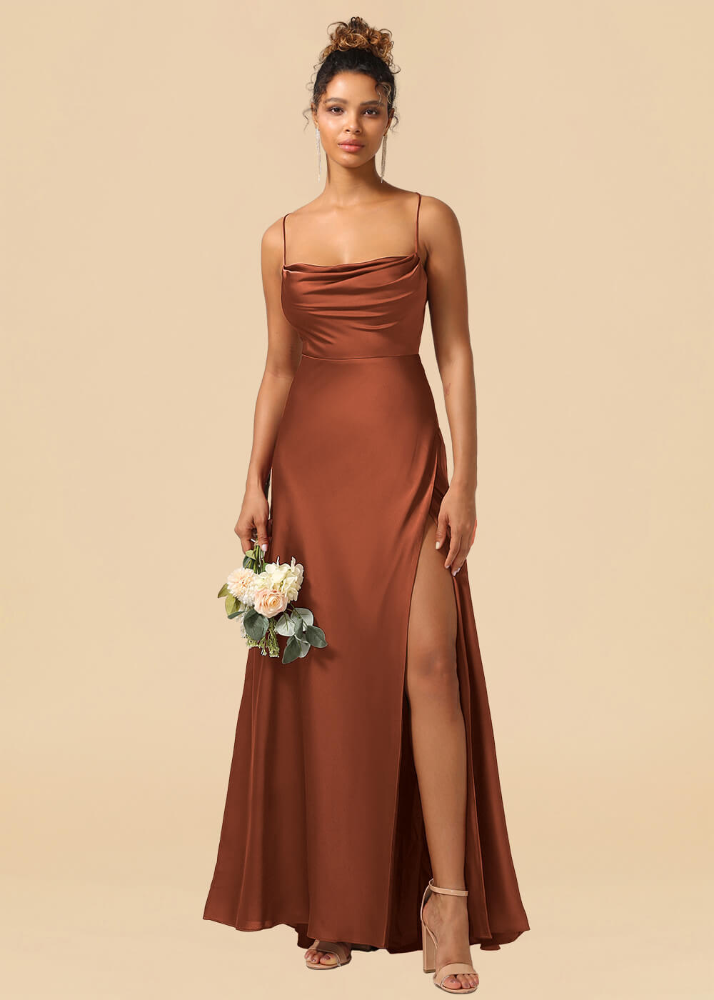 Satin Spaghetti Strap Open Back A-line Bridesmaid Dress with Slit