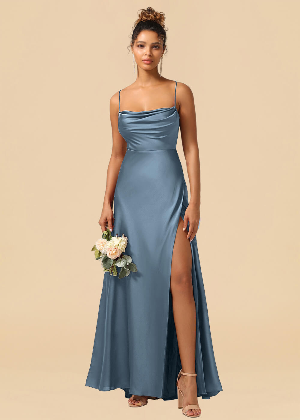 Satin Spaghetti Strap Open Back A-line Bridesmaid Dress with Slit