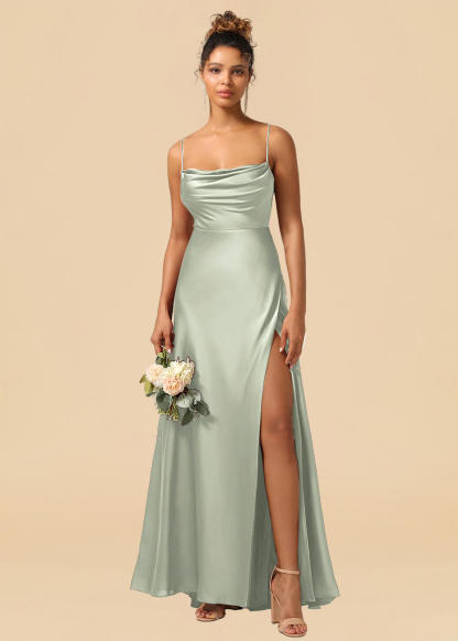 Satin Spaghetti Strap Open Back A-line Bridesmaid Dress with Slit