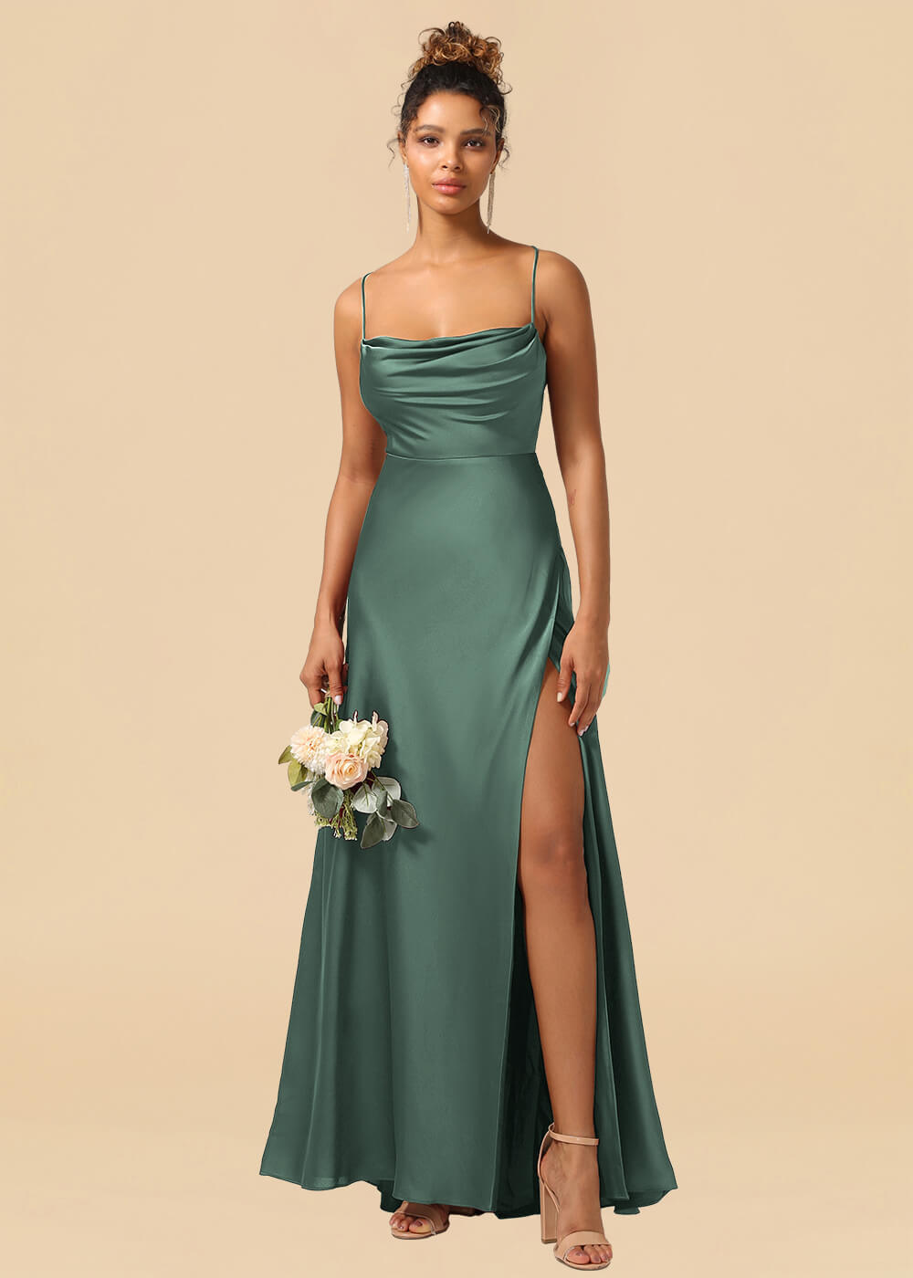 Satin Spaghetti Strap Open Back A-line Bridesmaid Dress with Slit