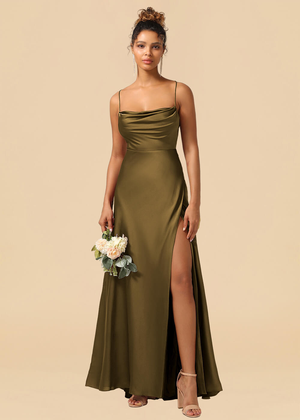 Satin Spaghetti Strap Open Back A-line Bridesmaid Dress with Slit