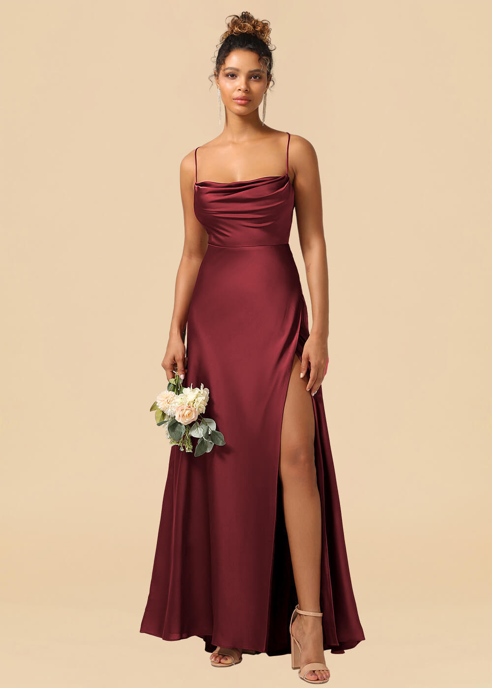Satin Spaghetti Strap Open Back A-line Bridesmaid Dress with Slit