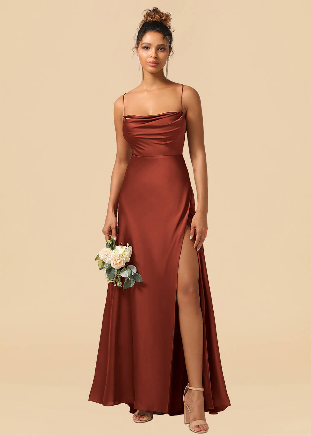 Satin Spaghetti Strap Open Back A-line Bridesmaid Dress with Slit