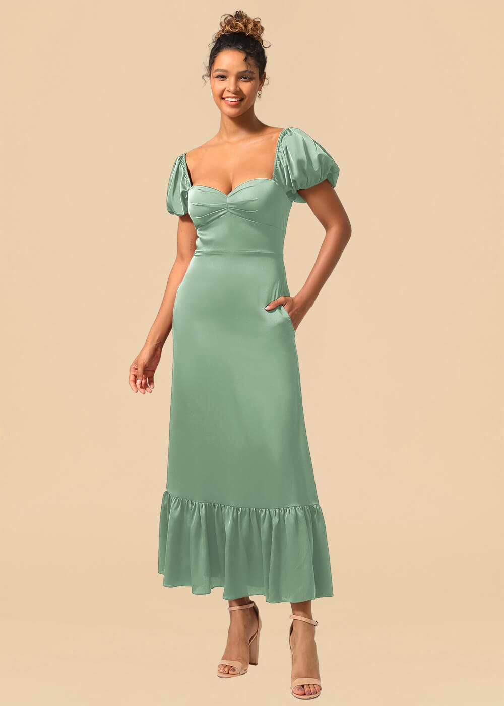 Satin A-line Ankle Length Sweetheart Puff Sleeve Bridesmaid Dress with Pockets