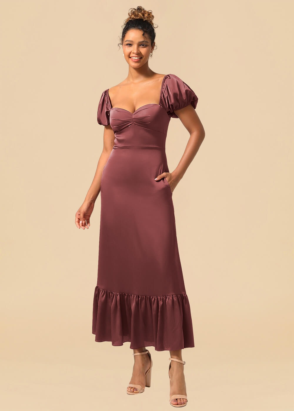 Satin A-line Ankle Length Sweetheart Puff Sleeve Bridesmaid Dress with Pockets