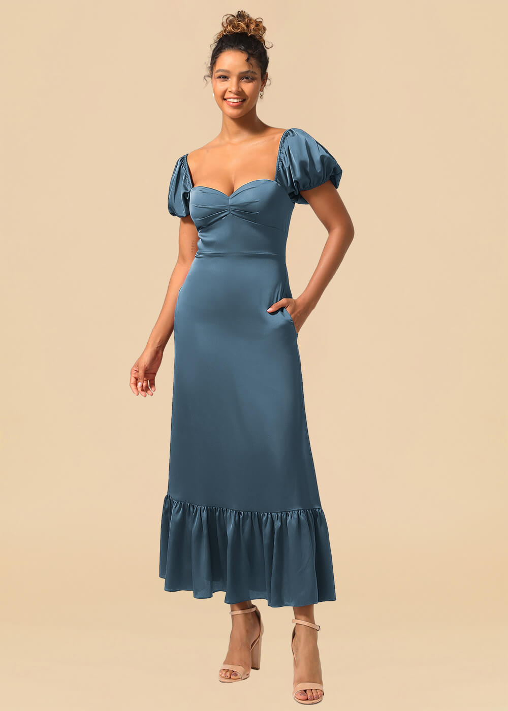 Satin A-line Ankle Length Sweetheart Puff Sleeve Bridesmaid Dress with Pockets