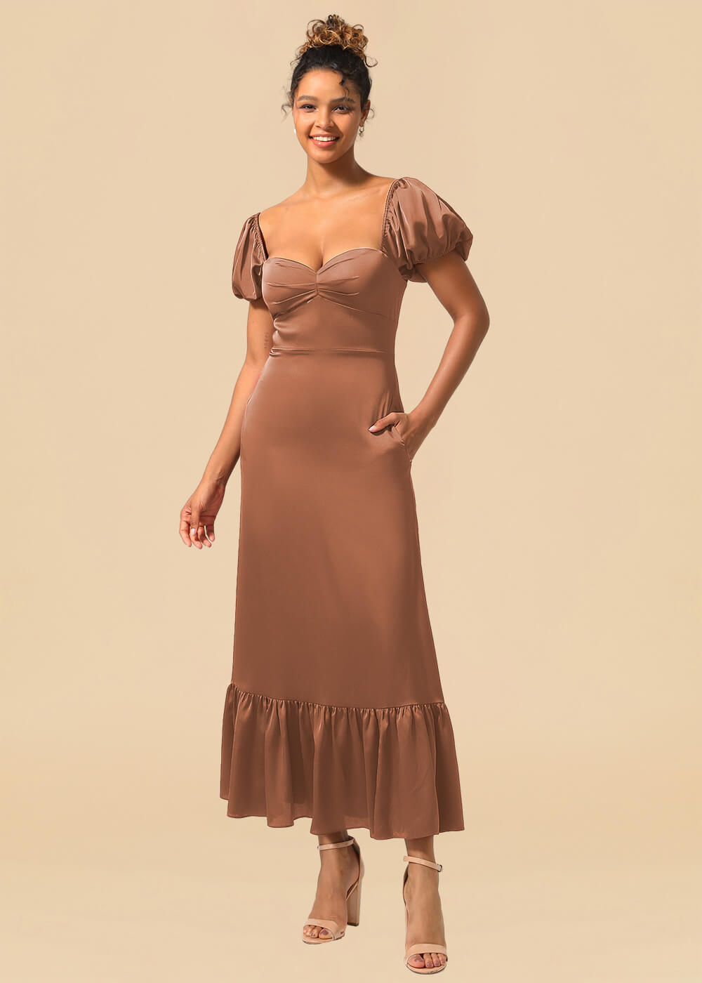 Satin A-line Ankle Length Sweetheart Puff Sleeve Bridesmaid Dress with Pockets