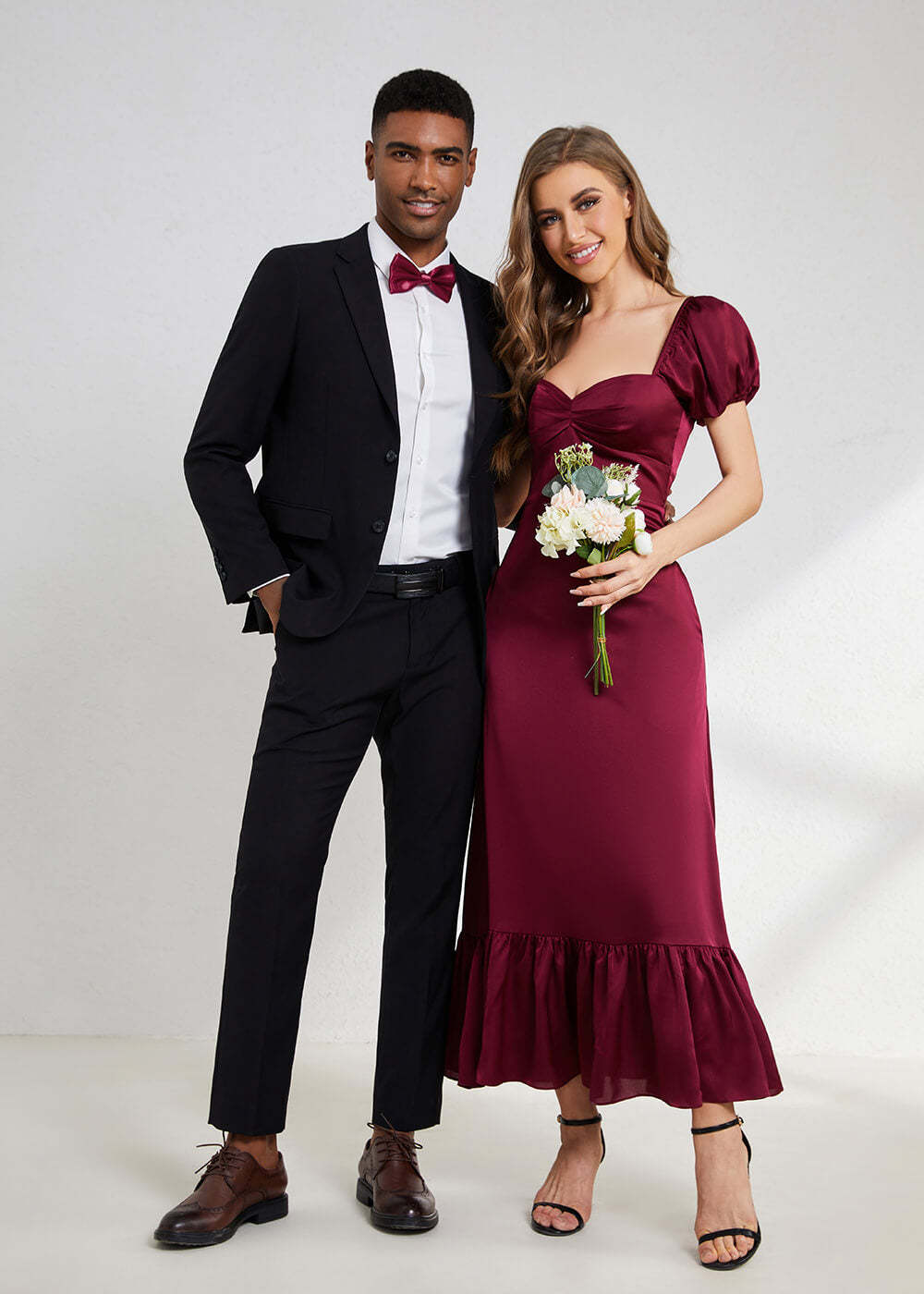 Satin A-line Ankle Length Sweetheart Puff Sleeve Bridesmaid Dress with Pockets