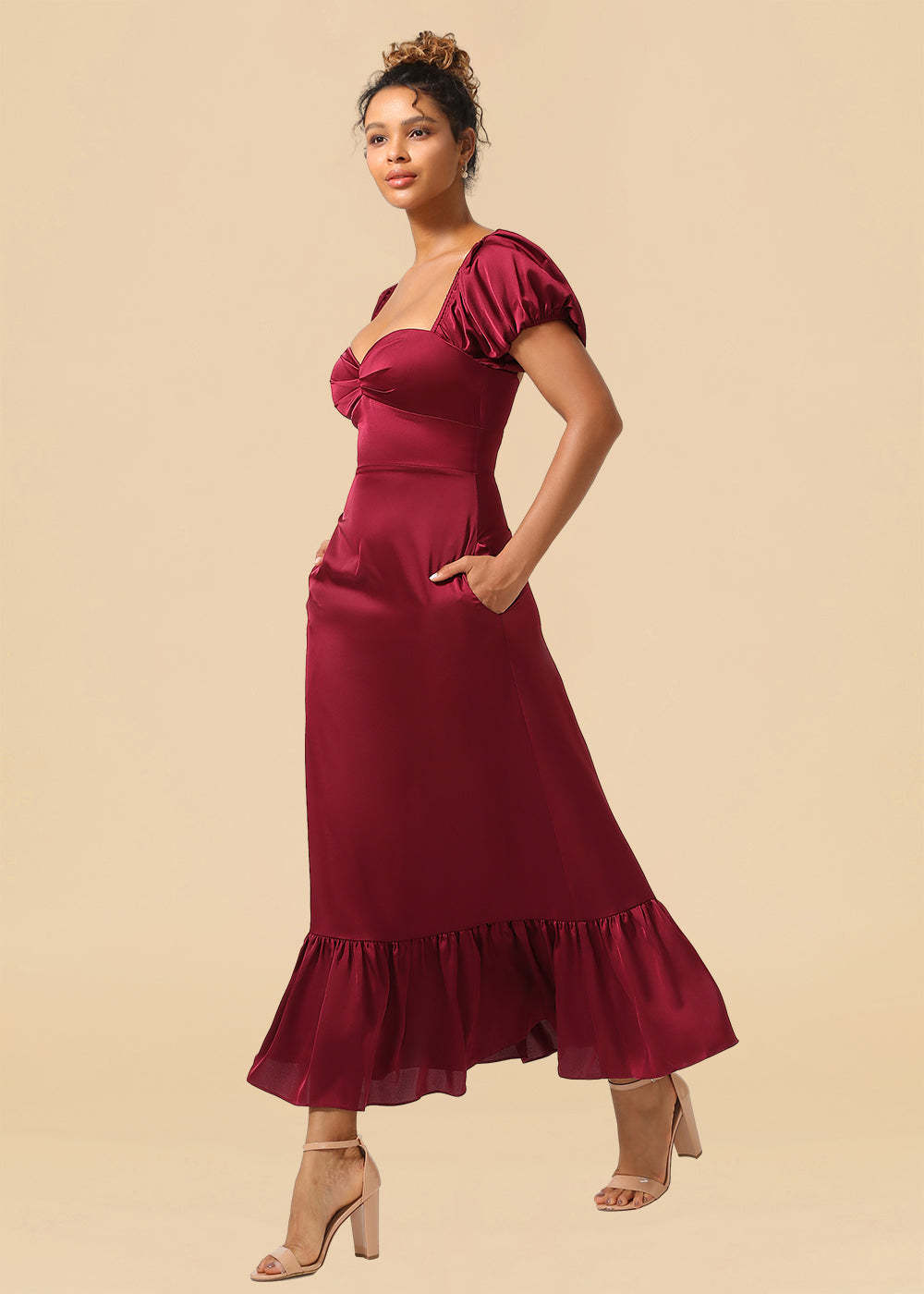 Satin A-line Ankle Length Sweetheart Puff Sleeve Bridesmaid Dress with Pockets