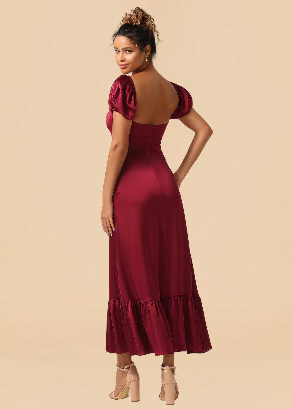 Satin A-line Ankle Length Sweetheart Puff Sleeve Bridesmaid Dress with Pockets