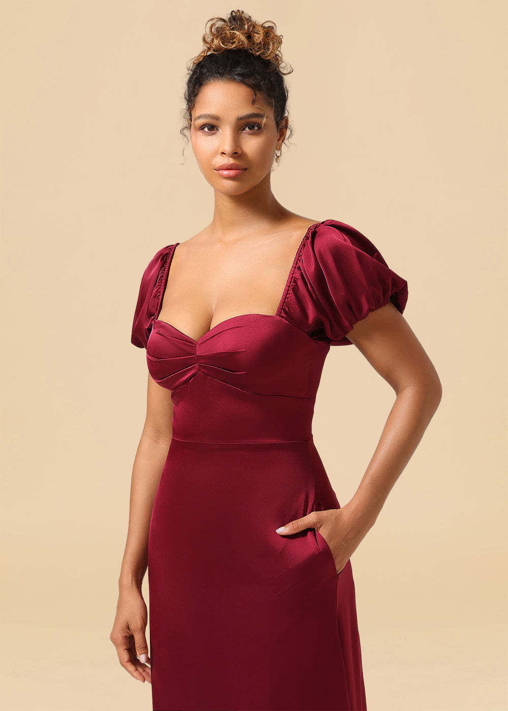 Satin A-line Ankle Length Sweetheart Puff Sleeve Bridesmaid Dress with Pockets