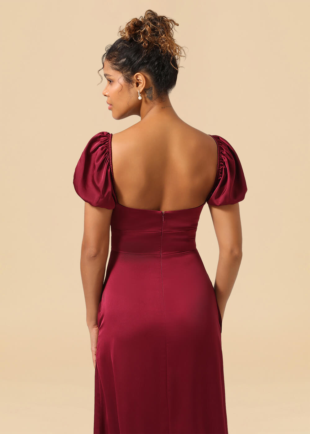 Satin A-line Ankle Length Sweetheart Puff Sleeve Bridesmaid Dress with Pockets