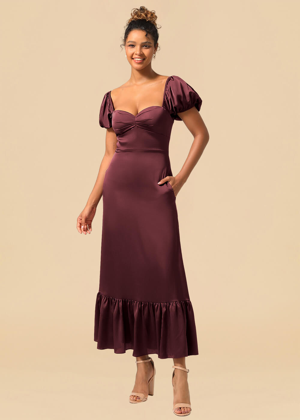 Satin A-line Ankle Length Sweetheart Puff Sleeve Bridesmaid Dress with Pockets