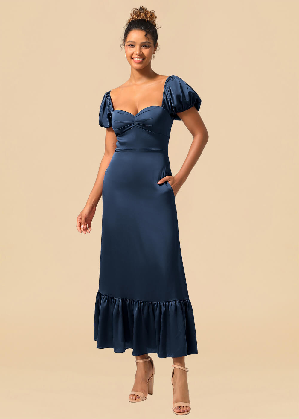Satin A-line Ankle Length Sweetheart Puff Sleeve Bridesmaid Dress with Pockets