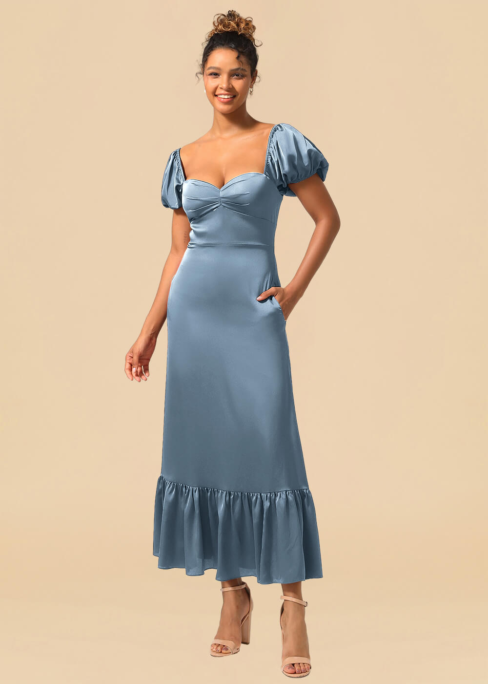 Satin A-line Ankle Length Sweetheart Puff Sleeve Bridesmaid Dress with Pockets