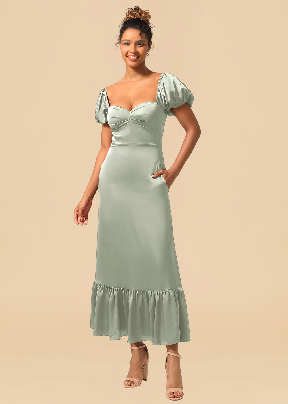 Satin A-line Ankle Length Sweetheart Puff Sleeve Bridesmaid Dress with Pockets