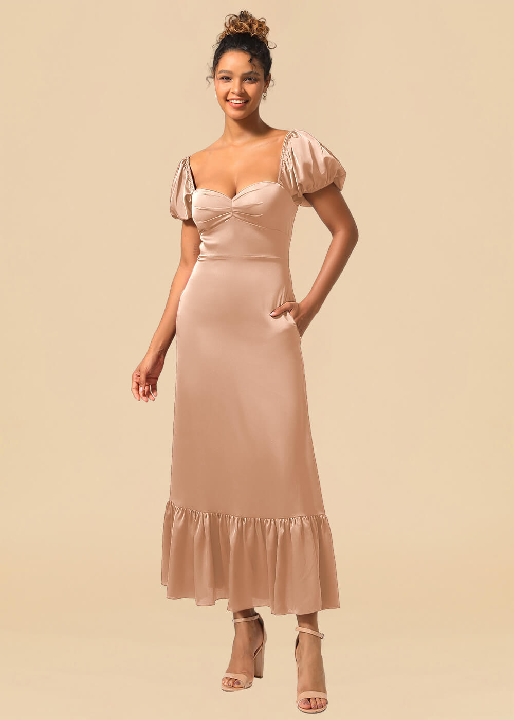 Satin A-line Ankle Length Sweetheart Puff Sleeve Bridesmaid Dress with Pockets