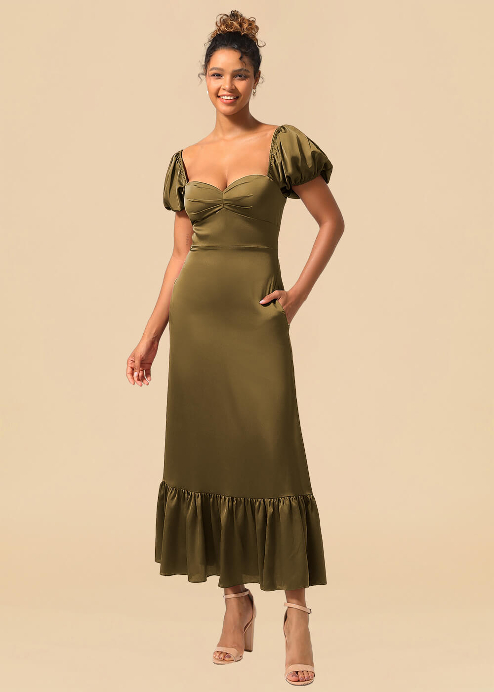Satin A-line Ankle Length Sweetheart Puff Sleeve Bridesmaid Dress with Pockets
