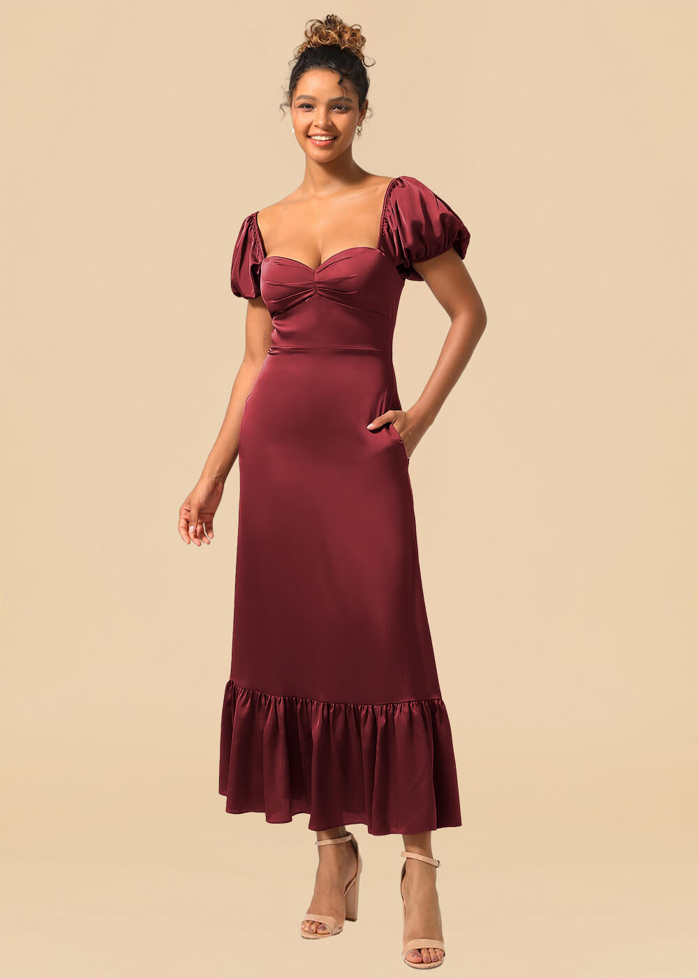 Satin A-line Ankle Length Sweetheart Puff Sleeve Bridesmaid Dress with Pockets