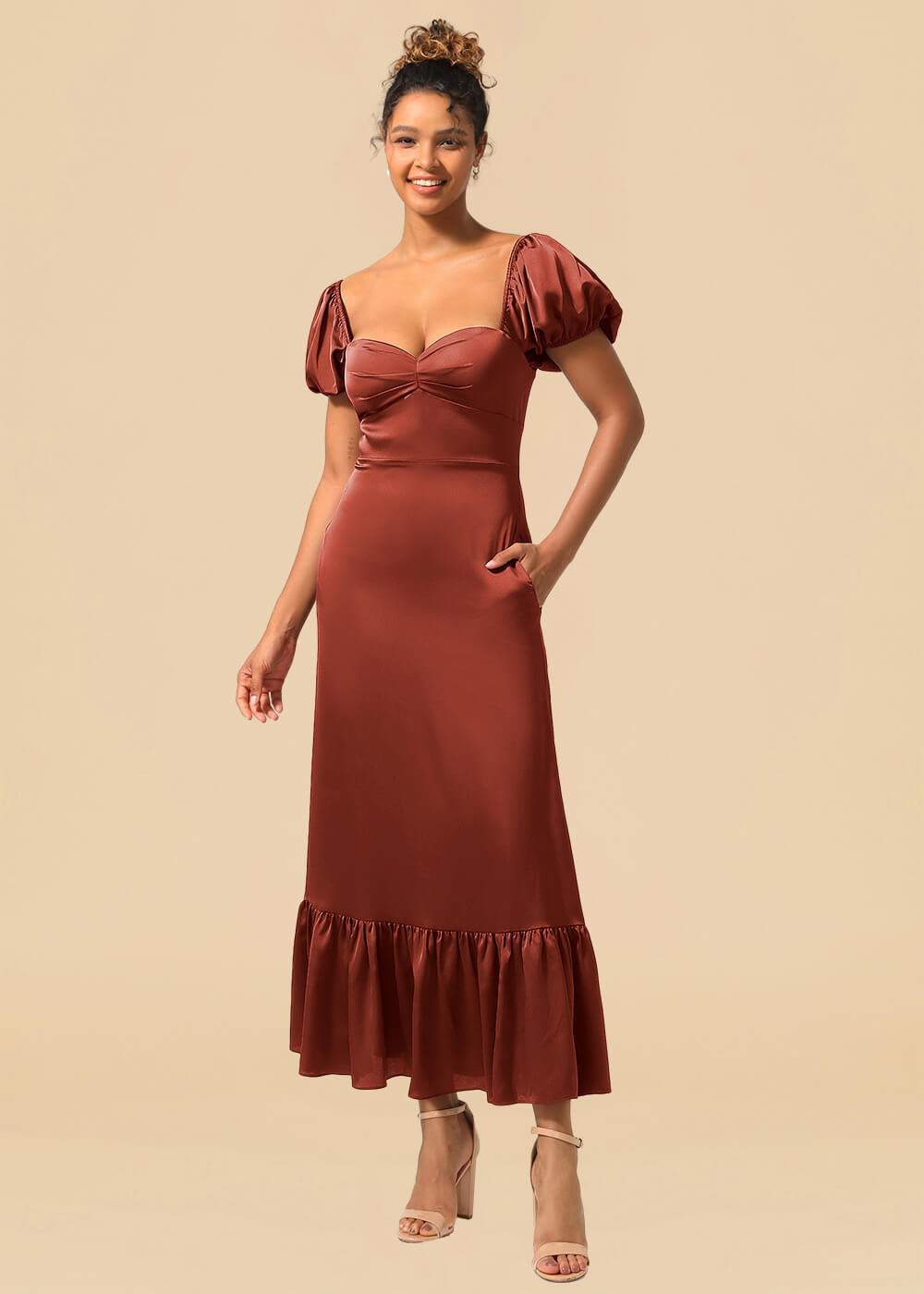 Satin A-line Ankle Length Sweetheart Puff Sleeve Bridesmaid Dress with Pockets