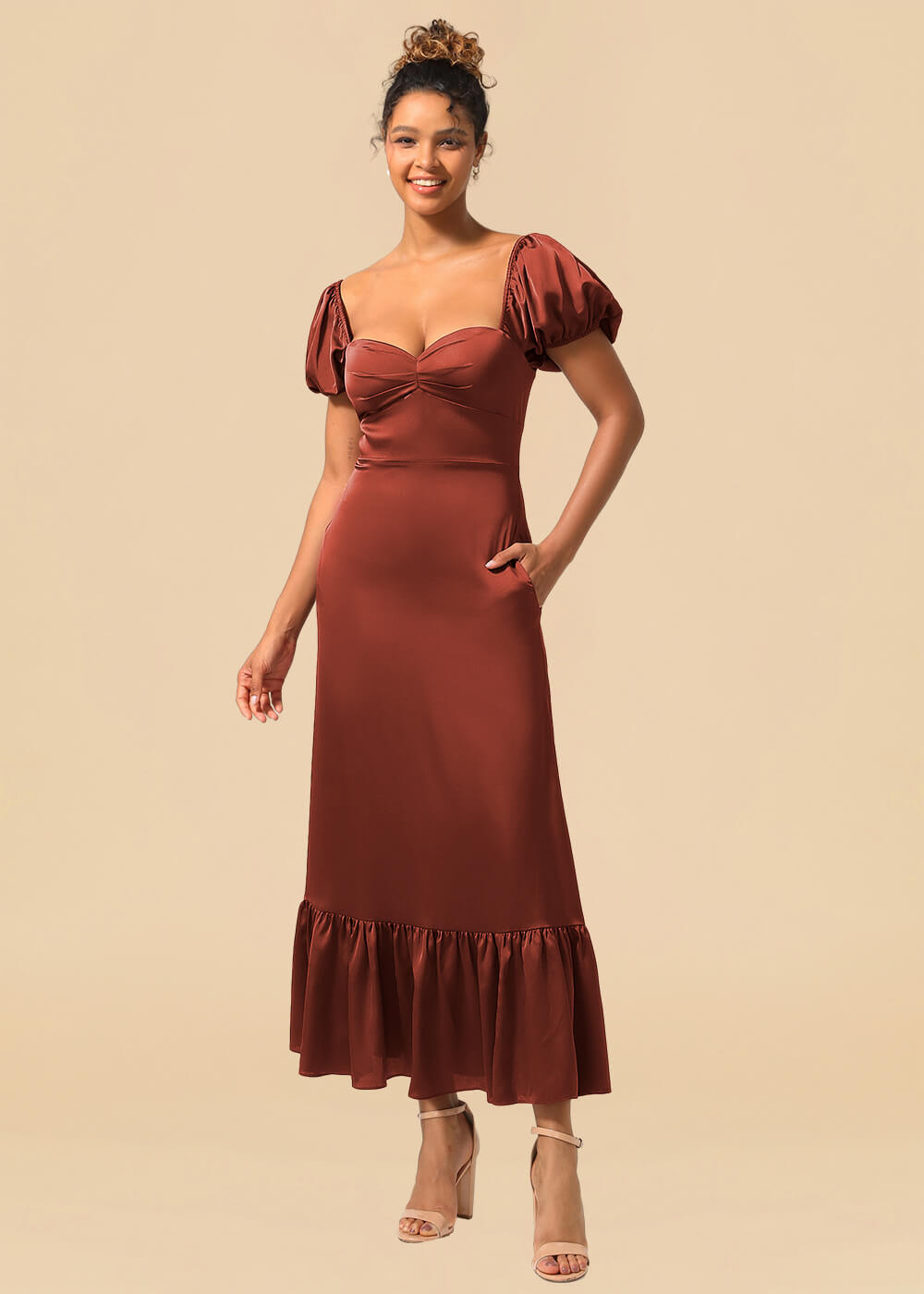 Satin A-line Ankle Length Sweetheart Puff Sleeve Bridesmaid Dress with Pockets