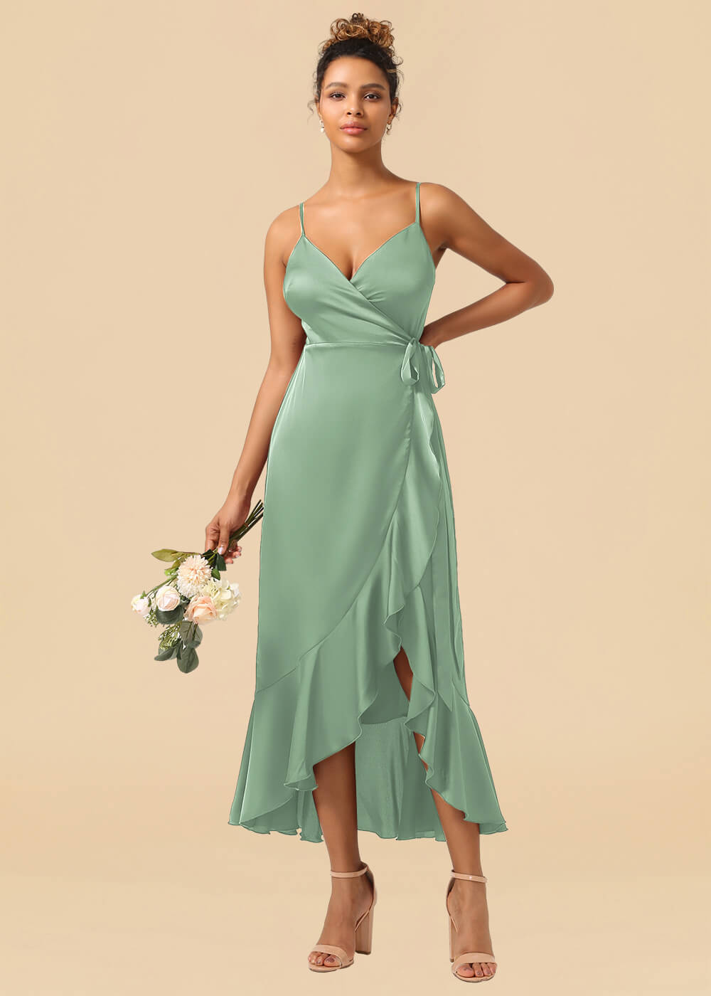 V-neck Spaghetti Strap Ruffles Asymmetrical Long Satin Bridesmaid Dress