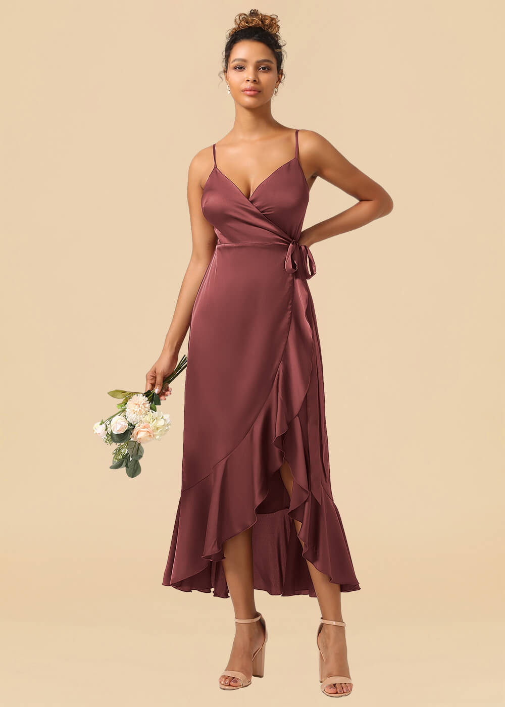 V-neck Spaghetti Strap Ruffles Asymmetrical Long Satin Bridesmaid Dress