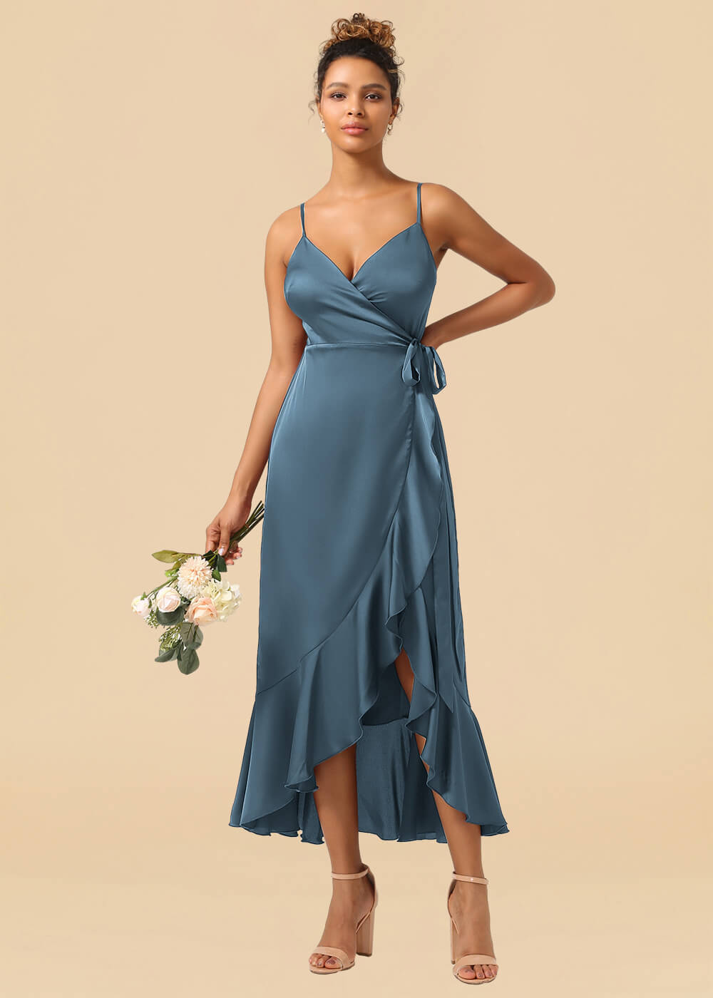 V-neck Spaghetti Strap Ruffles Asymmetrical Long Satin Bridesmaid Dress