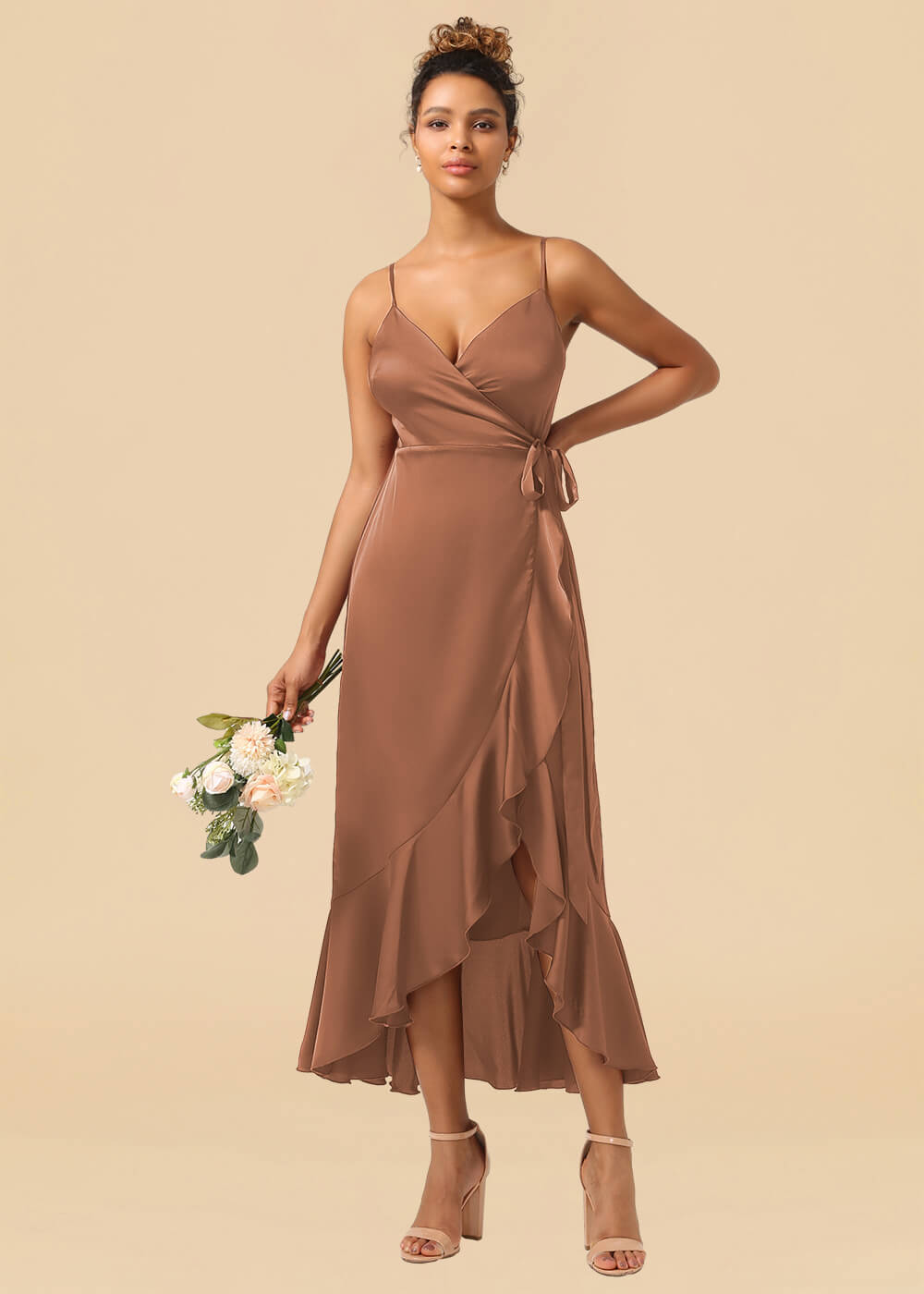 V-neck Spaghetti Strap Ruffles Asymmetrical Long Satin Bridesmaid Dress