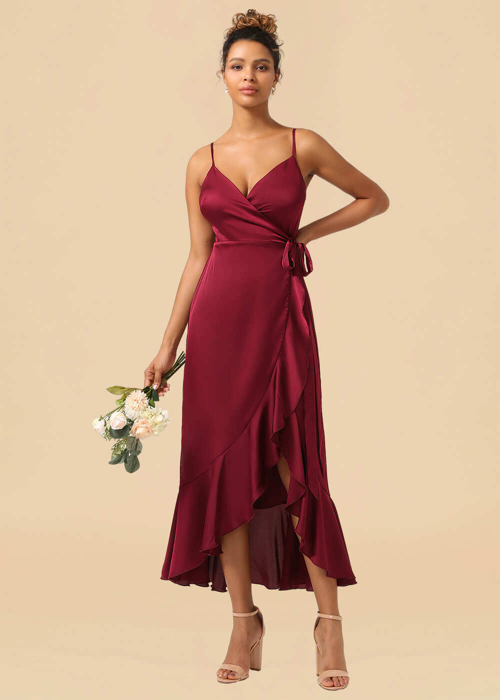 V-neck Spaghetti Strap Ruffles Asymmetrical Long Satin Bridesmaid Dress