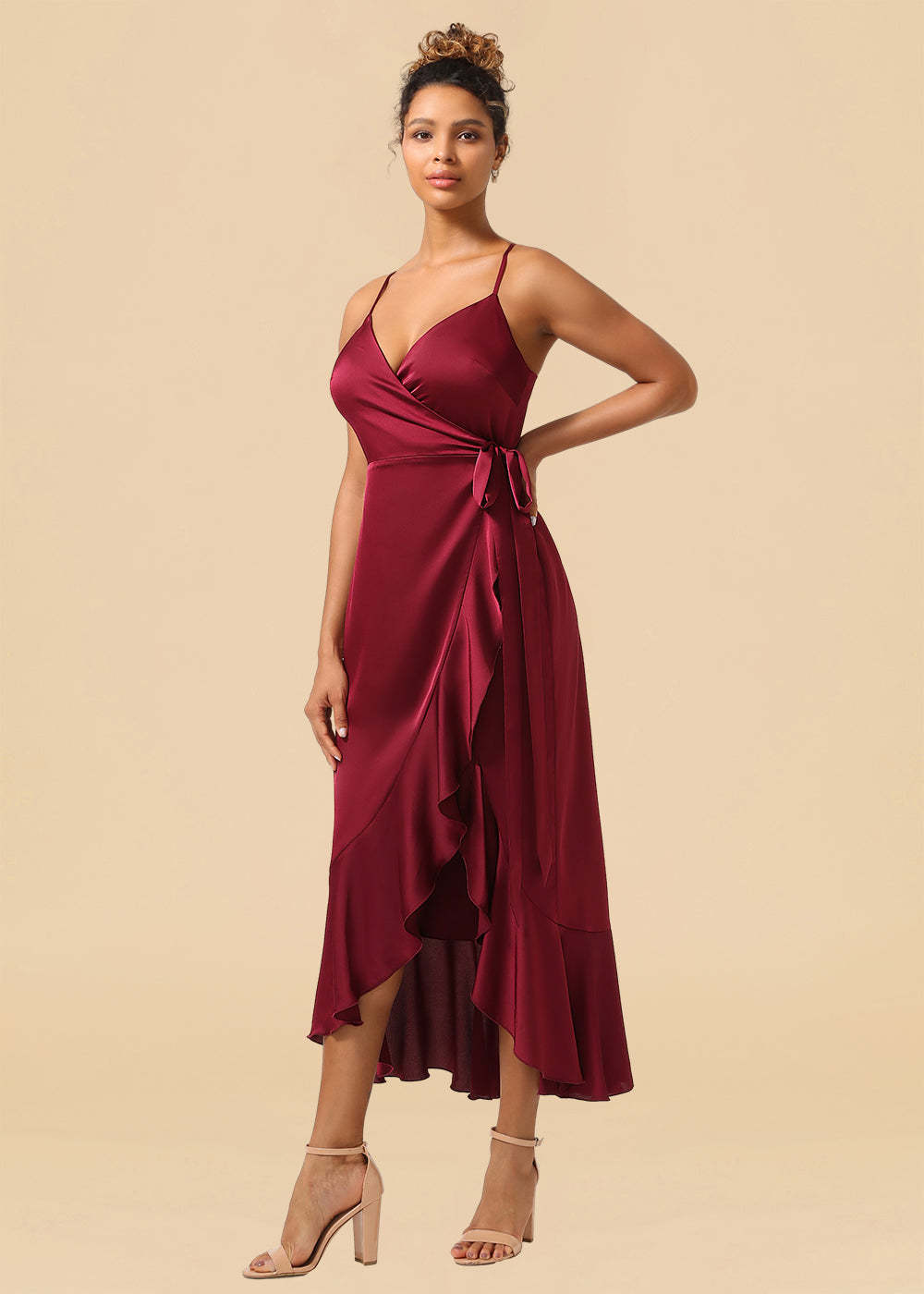 V-neck Spaghetti Strap Ruffles Asymmetrical Long Satin Bridesmaid Dress