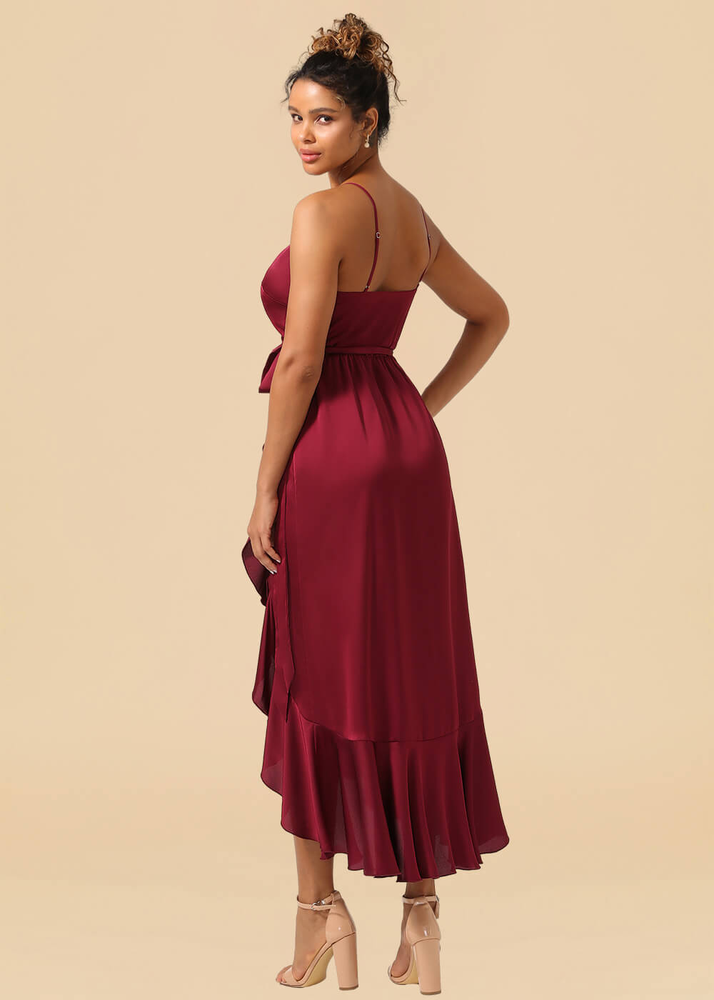 V-neck Spaghetti Strap Ruffles Asymmetrical Long Satin Bridesmaid Dress