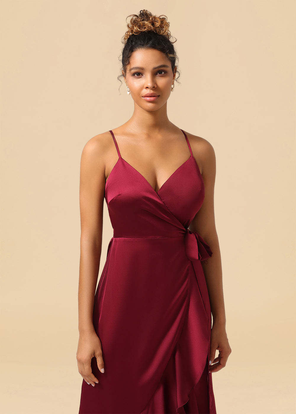 V-neck Spaghetti Strap Ruffles Asymmetrical Long Satin Bridesmaid Dress