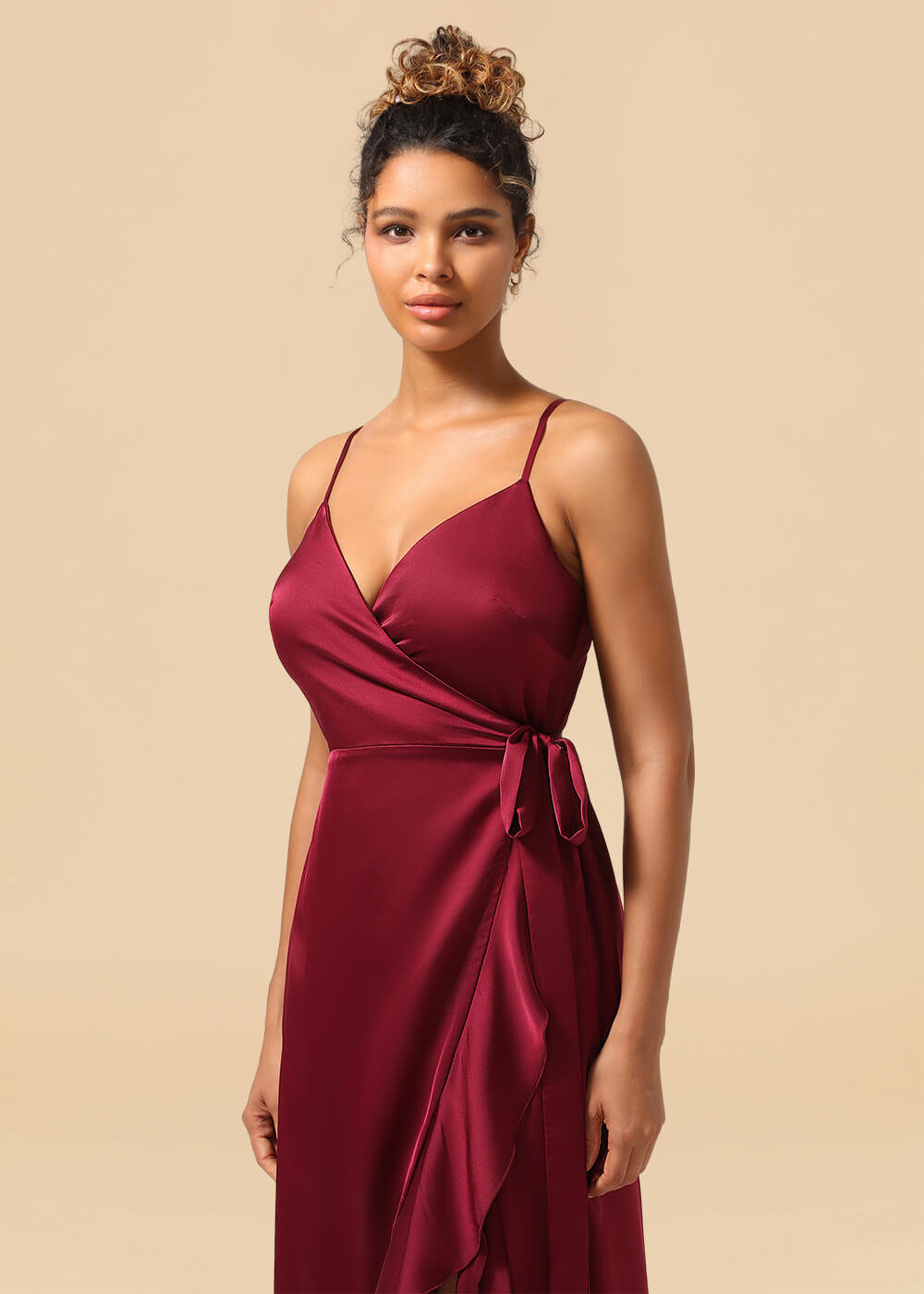 V-neck Spaghetti Strap Ruffles Asymmetrical Long Satin Bridesmaid Dress